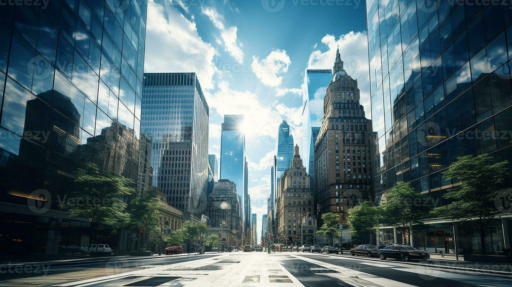 Reflective skyscrapers, business office buildings. low angle view of skyscrapers in city, sunny day. Business wallpaper with modern high-rises with mirrored windows. Generative AI photo