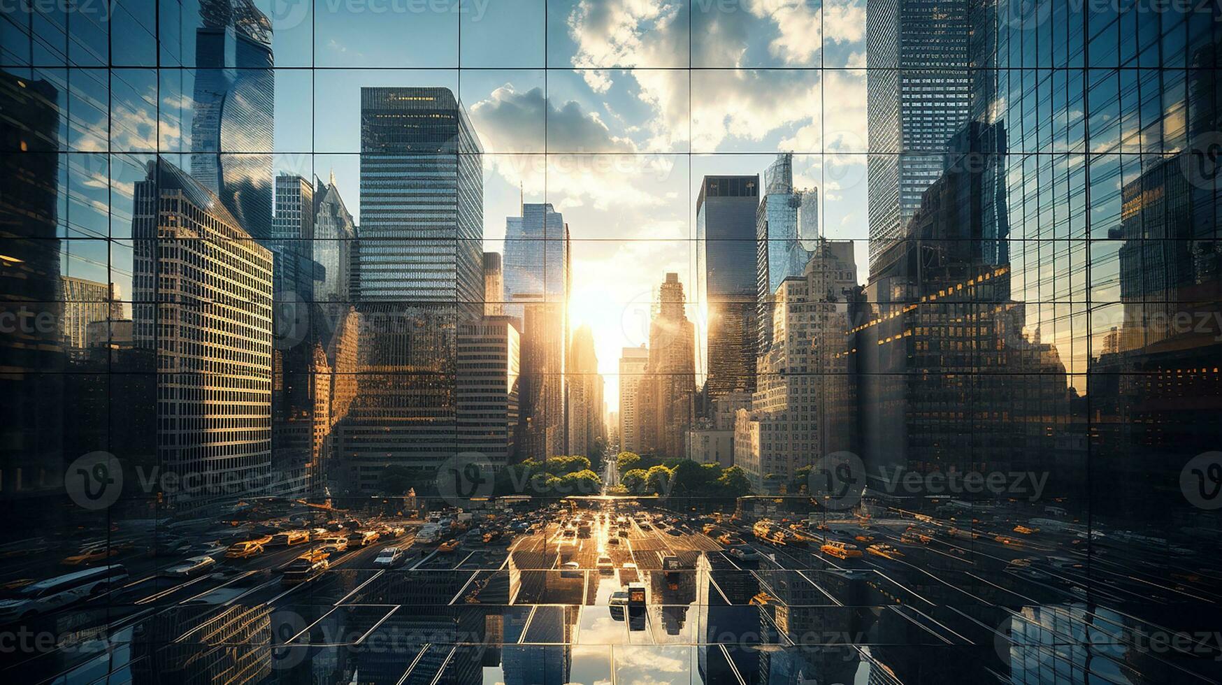 Reflective skyscrapers, business office buildings. low angle view of skyscrapers in city, sunny day. Business wallpaper with modern high-rises with mirrored windows. Generative AI photo