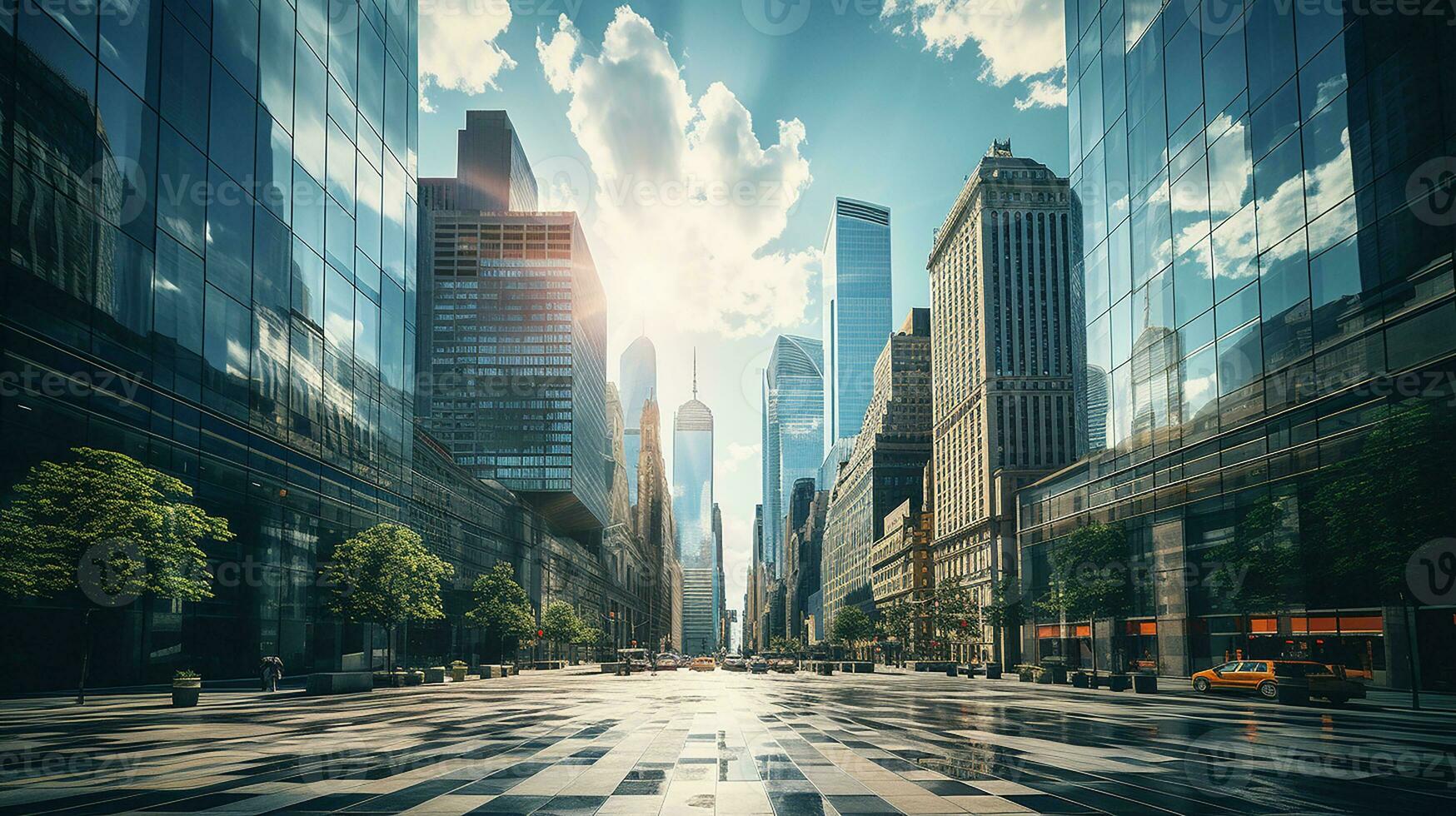 Reflective skyscrapers, business office buildings. low angle view of skyscrapers in city, sunny day. Business wallpaper with modern high-rises with mirrored windows. Generative AI photo