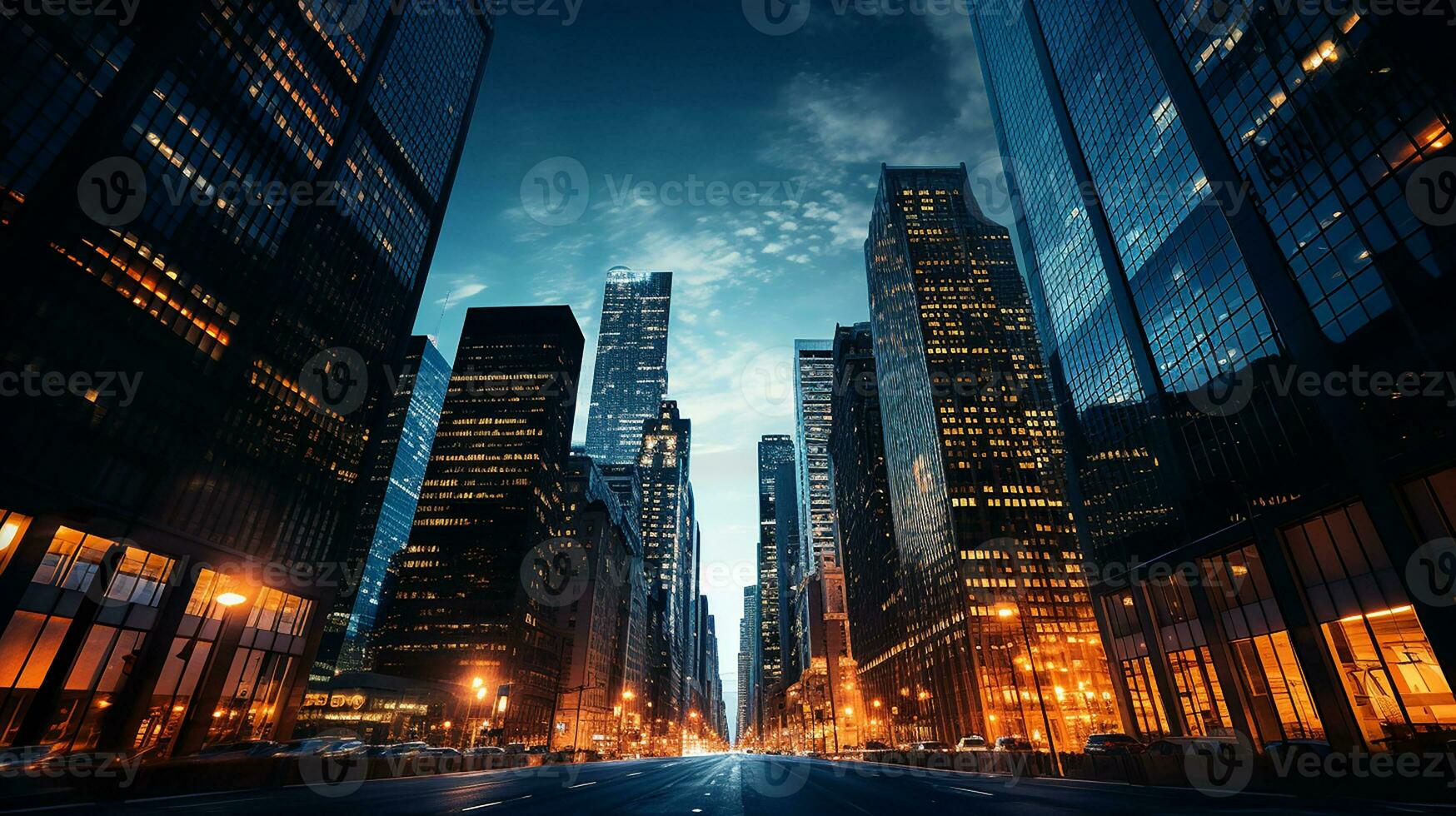Reflective skyscrapers, business office buildings. low angle view of skyscrapers in city, sunny day. Business wallpaper with modern high-rises with mirrored windows. Generative AI photo