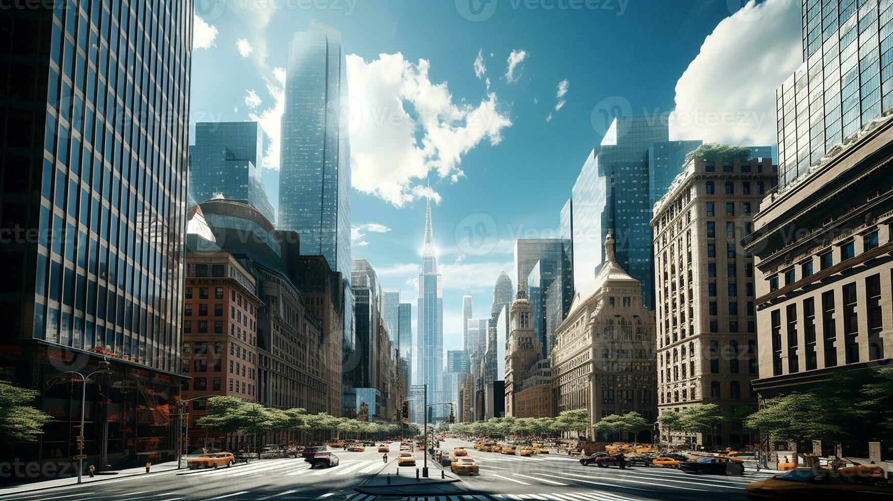 Reflective skyscrapers, business office buildings. low angle view of skyscrapers in city, sunny day. Business wallpaper with modern high-rises with mirrored windows. Generative AI photo