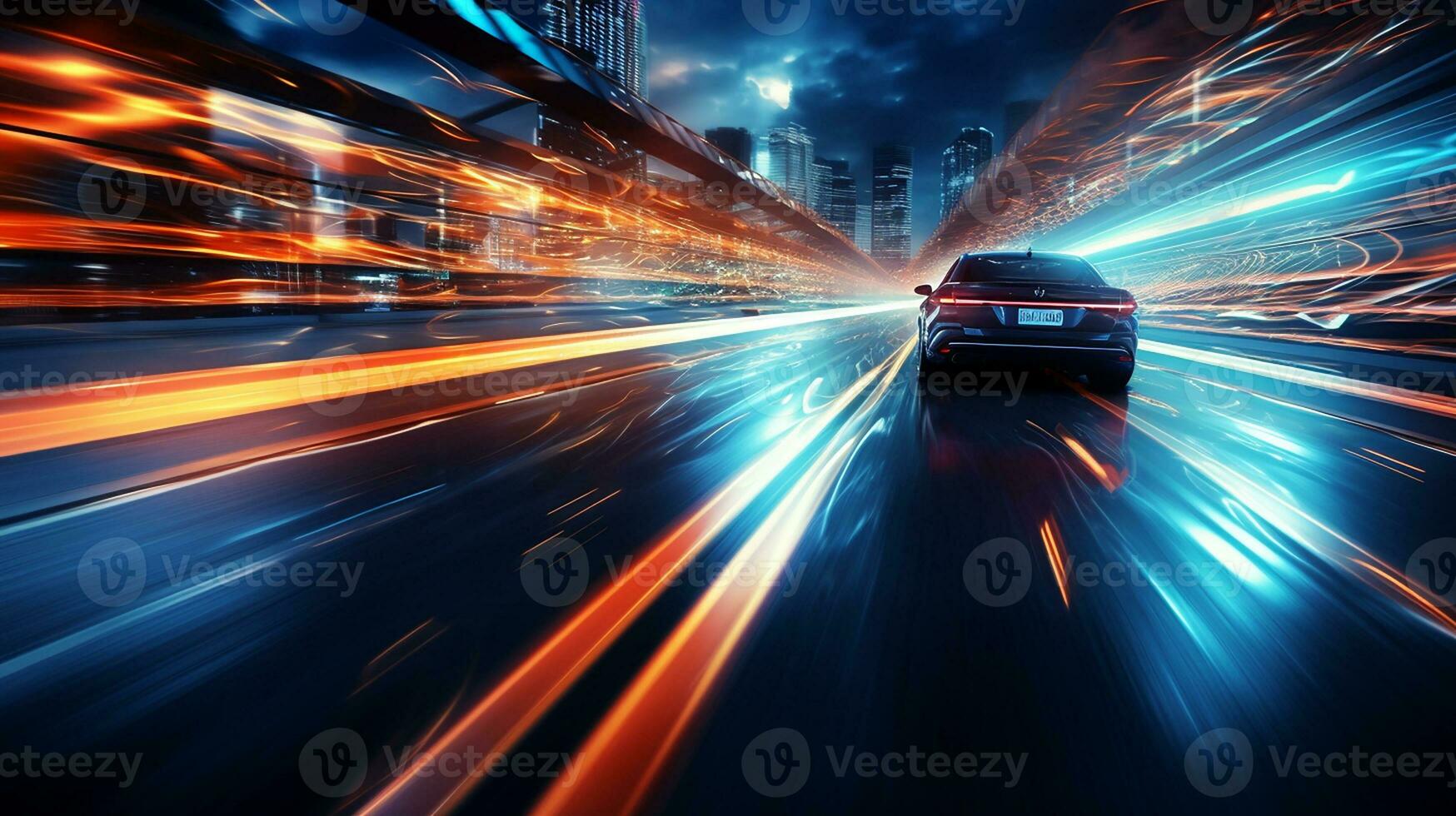 Car motion trails. Speed light streaks background with blurred fast moving light effect, Racing cars dynamic flash effects city road with long exposure night lights. Generative AI photo