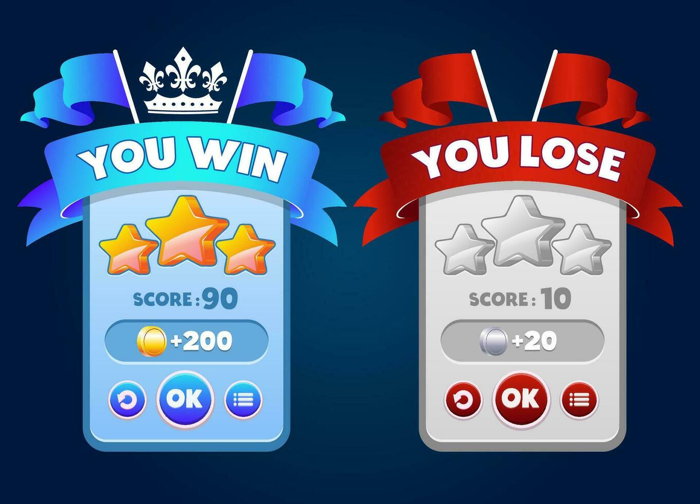 Game UI Board With Scores, WinLose Banners, Stars, gold coin, silver coin, and Buttons vector