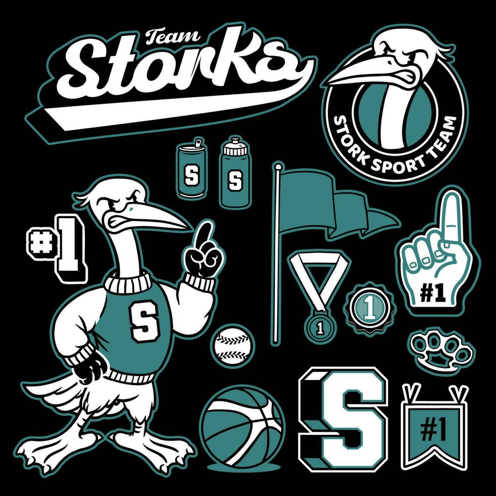 Stork Mascot and Sport Object in Vintage Old School Style vector