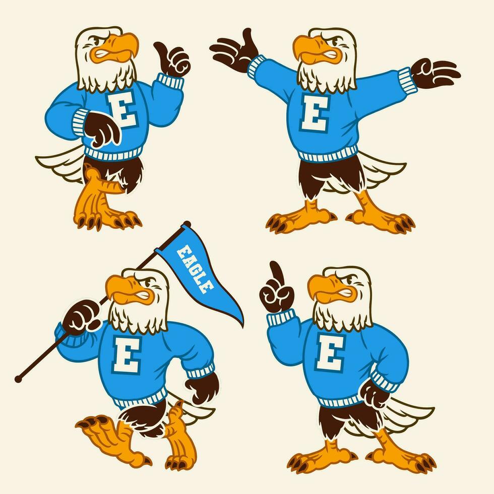 Vector Set of Eagle Sport Mascot in Vintage Retro Hand Drawn Style