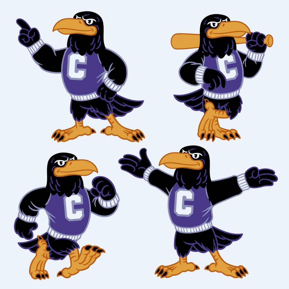 Set of Cartoon Crow Sport Mascot in Vintage Style vector