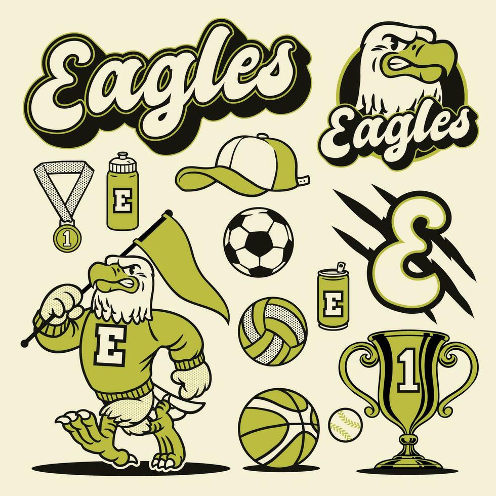 Eagle Mascot Object Sport Set in Vintage Hand Drawn Design vector