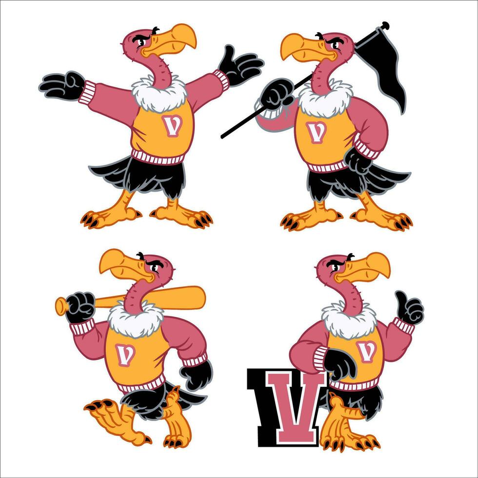 Vector Set of Vulture Sport Mascot in Vintage Retro Hand Drawn Style