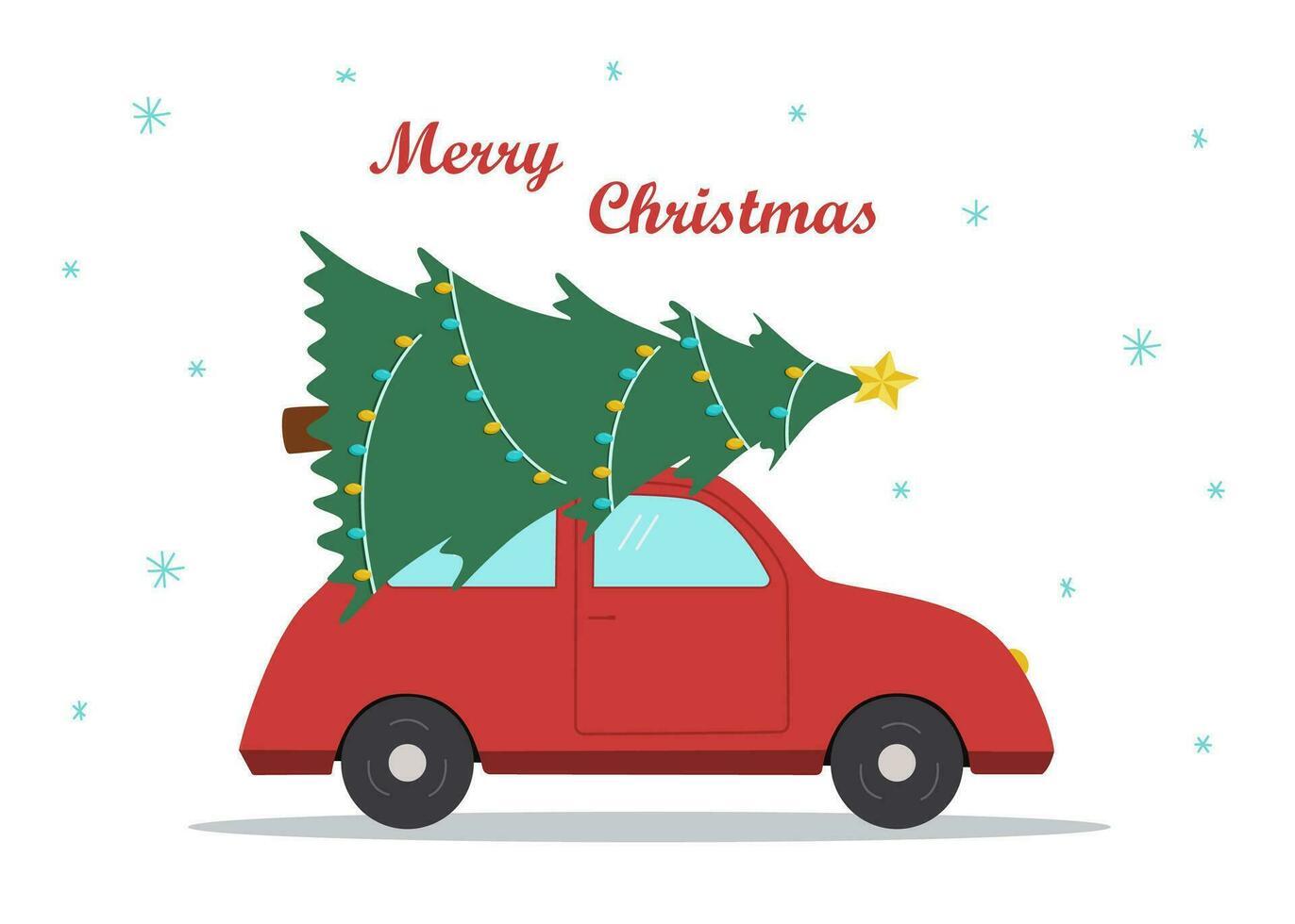 A small cartoon car is carrying a Christmas tree on the roof. Vector illustration. Happy New Year and Merry Christmas greeting card.