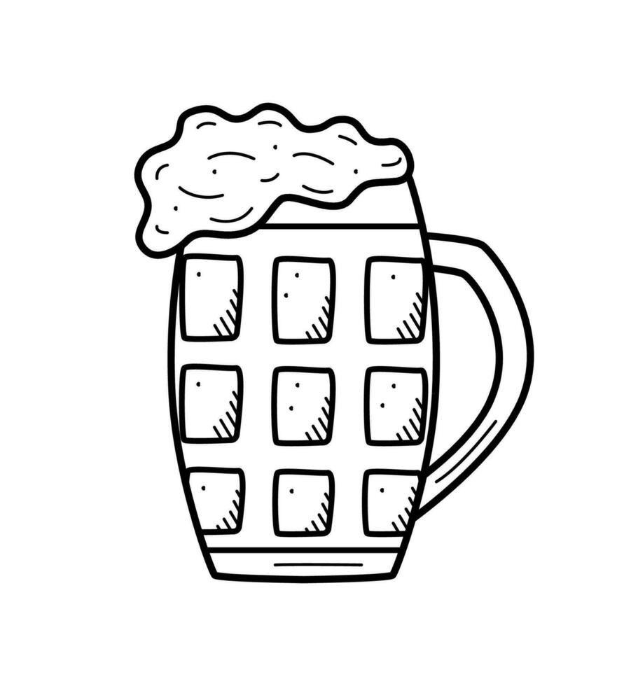 Glass beer mug with foam icon. Vector illustration of a logo for a bar or pub. Single doodle sketch isolate on white.