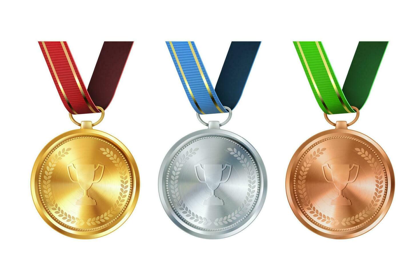 Realistic set of golden, silver, and bronze medals on colorful ribbons. Sports competition awards for 1st, 2nd, and 3rd place. Championship rewards for achievements and victories. vector