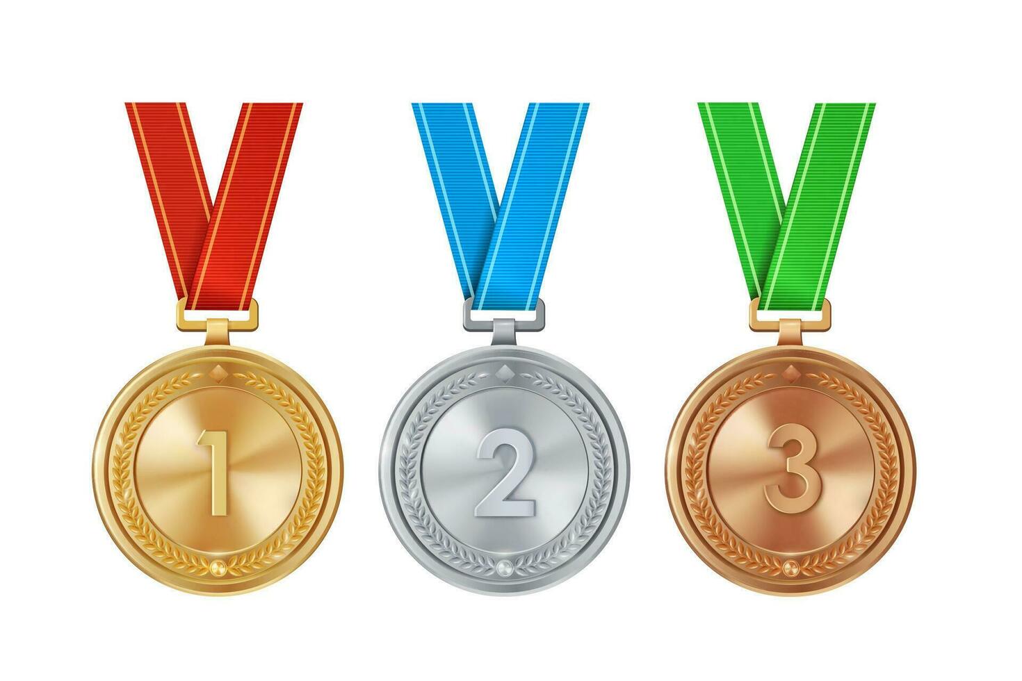 Realistic set of golden, silver, and bronze medals on colorful ribbons. Sports competition awards for 1st, 2nd, and 3rd place. Championship rewards for achievements and victories. vector
