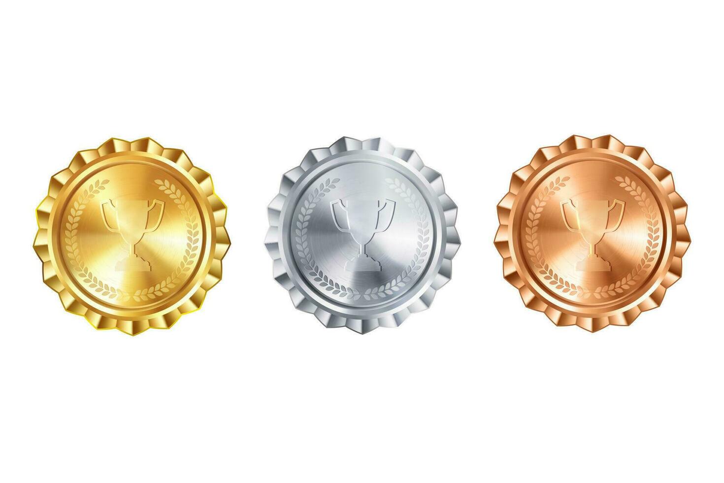 Gold, silver, and bronze cup shaped medals with engraved details. Perfect for honoring achievements and recognizing excellence vector