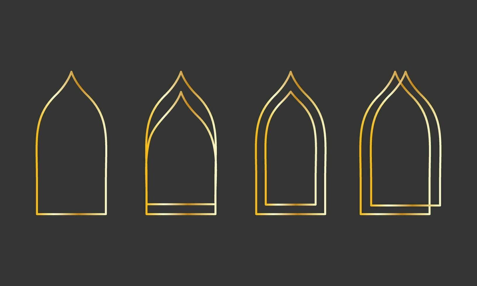 Golden geometric frames. Gold windows in arabic style. Thin line arch set for invitation decoration. Vector illustration on black background. Isolated