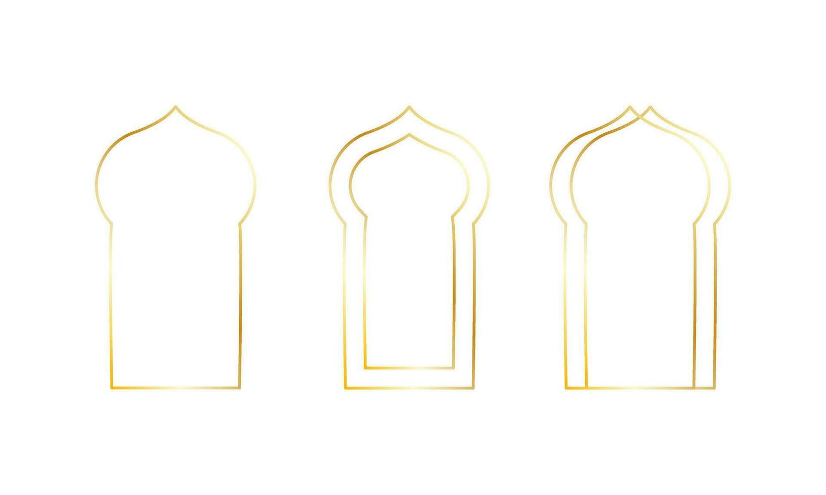 Golden arches set in arabic style. Thin line frame. Gold vintage element. Empty border, templete. Vector