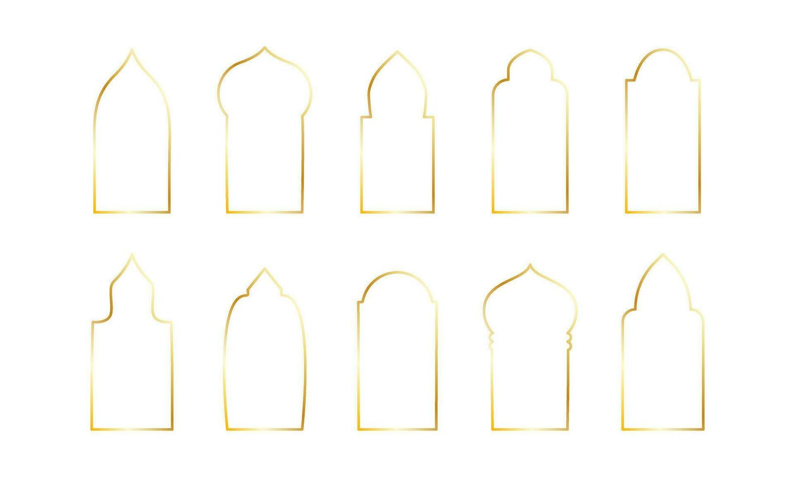 Golden arch line icon set. Decorative arabic frames. Vector