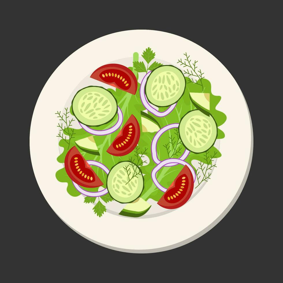 vegano ensalada con pepino, tomate, cebolla y eneldo. parte superior ver en un lámina. vector ilustración.