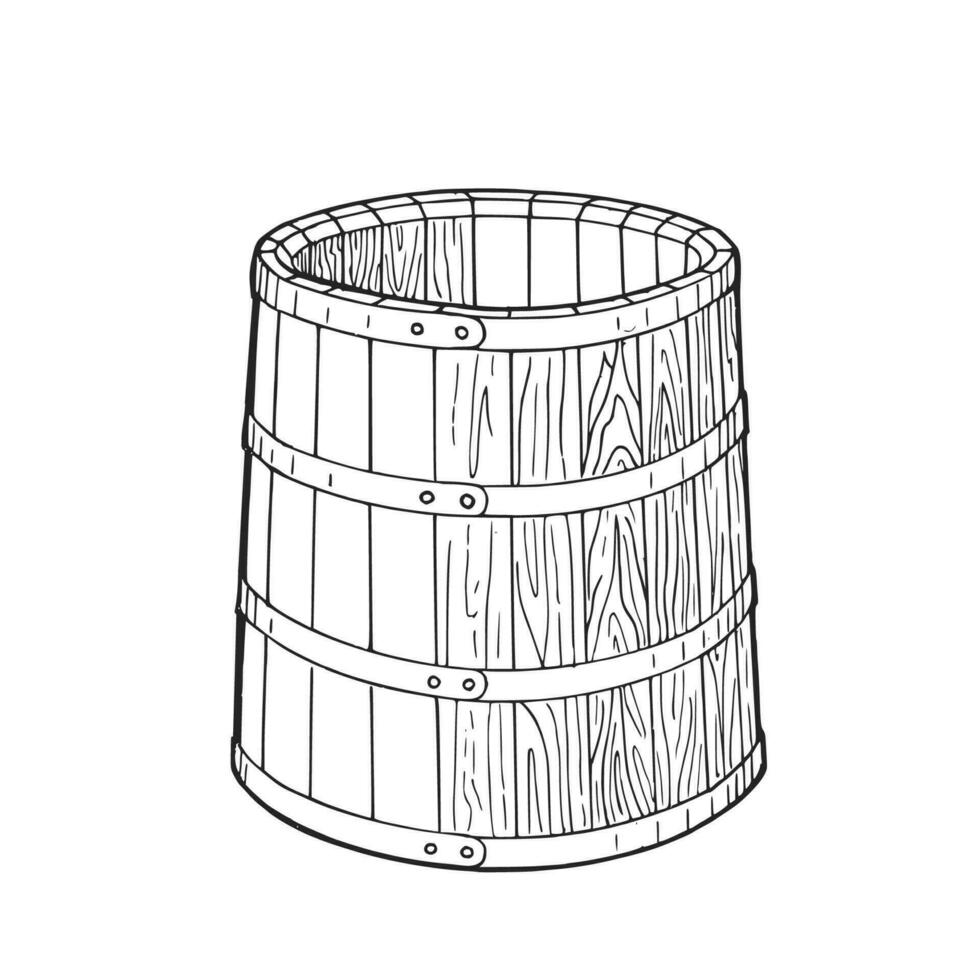 Wooden barrel. Hand drawn ink illustration. Black and white vector drawing.