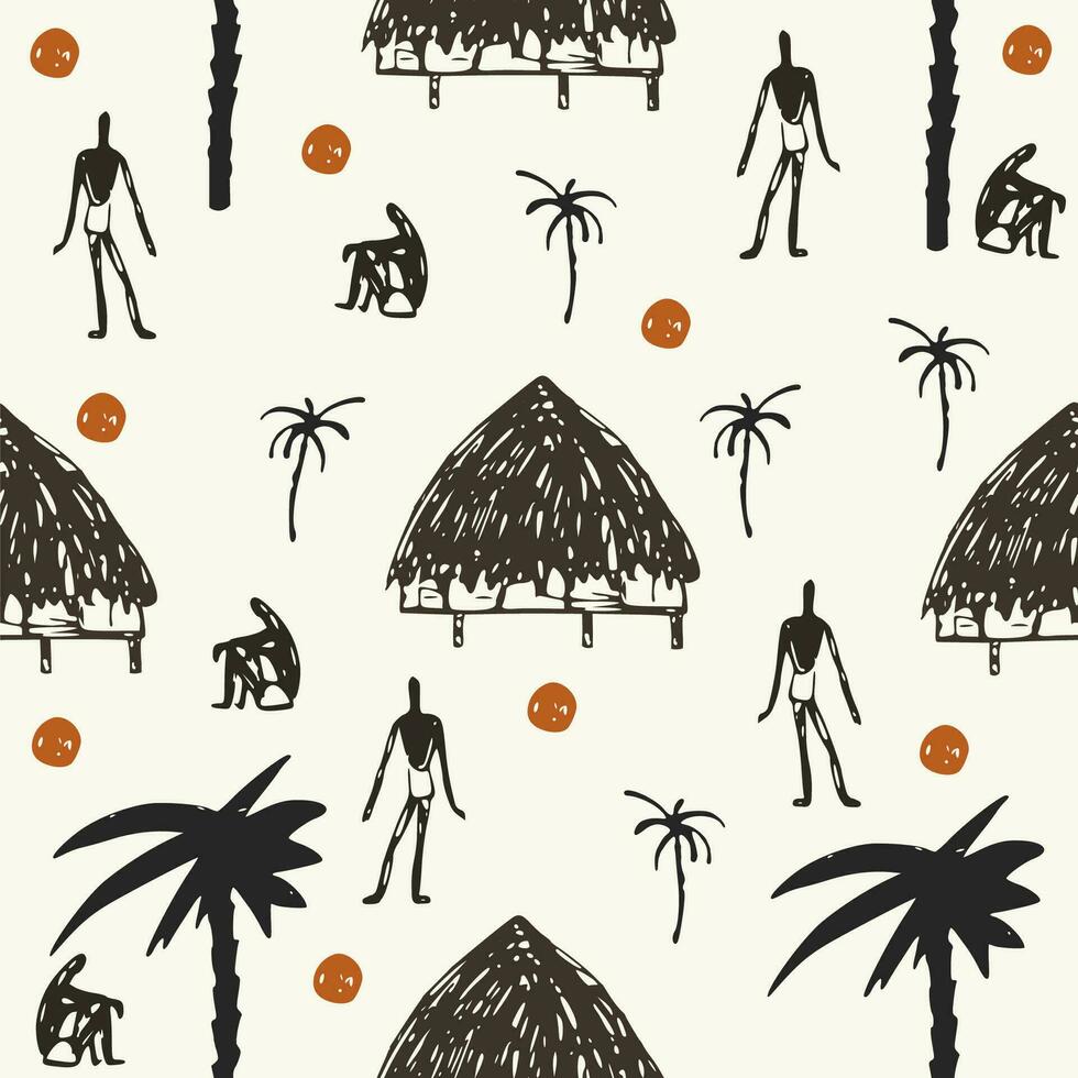 Seamless pattern with African motifs, including palm, hut, black people. Hand drawn vector illustration.