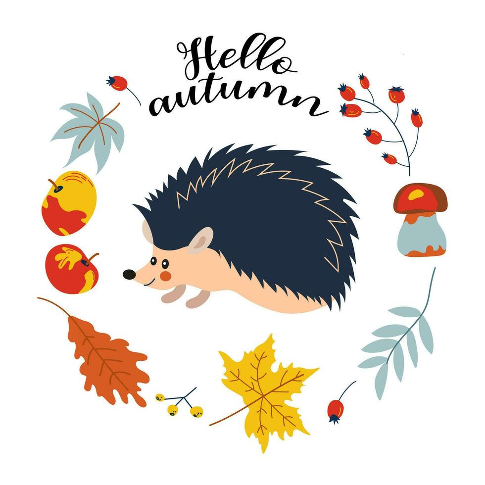 Hola otoño. dibujos animados erizo, mano dibujo letras. tarjeta con hojas, otoño elementos y linda bosque animal en blanco fondo.diseño para tarjetas, imprimir, póster. vector