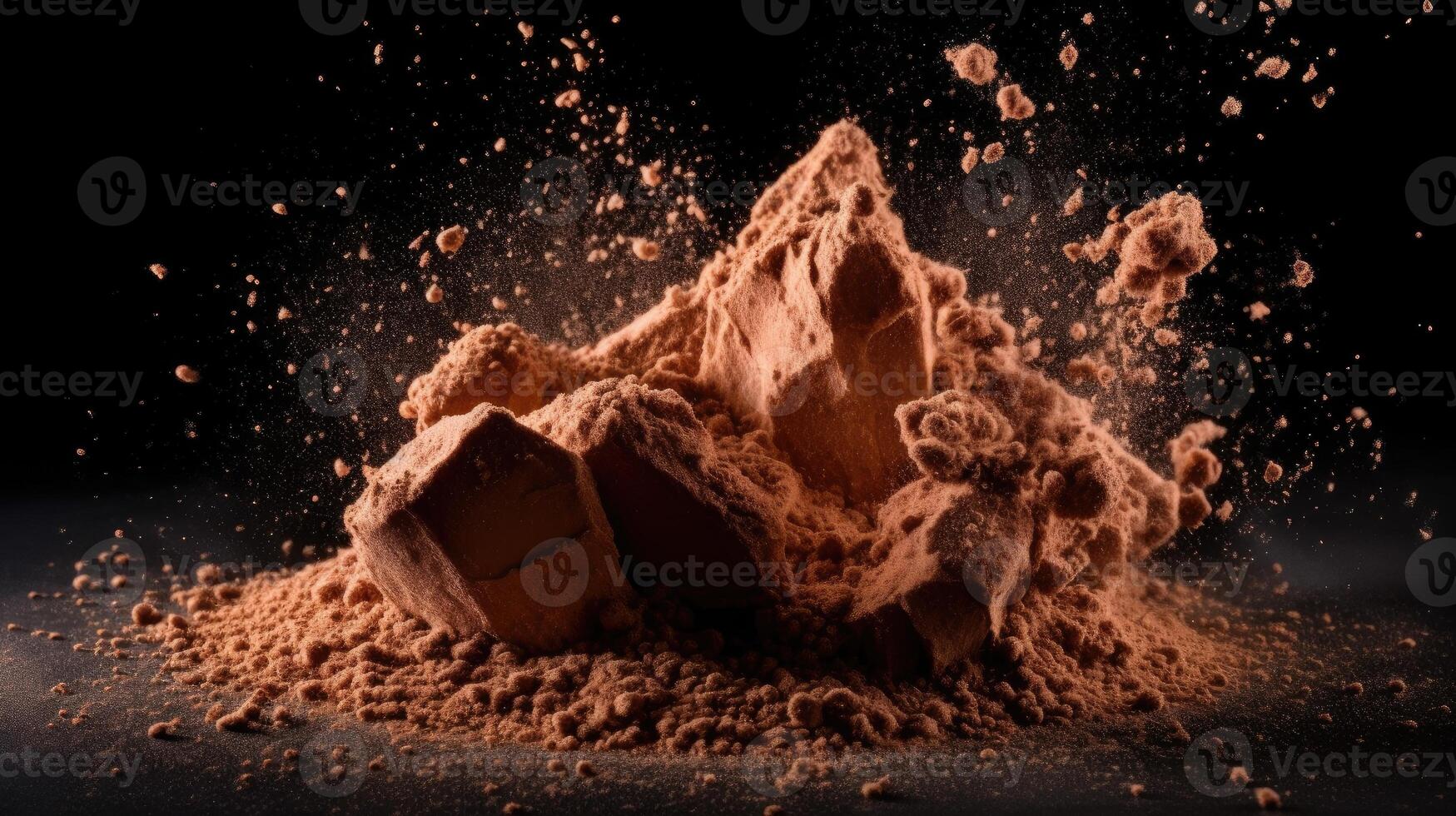 Explosion of cocoa powder with lumps on black background. Generative Ai 28298697 Stock Photo at