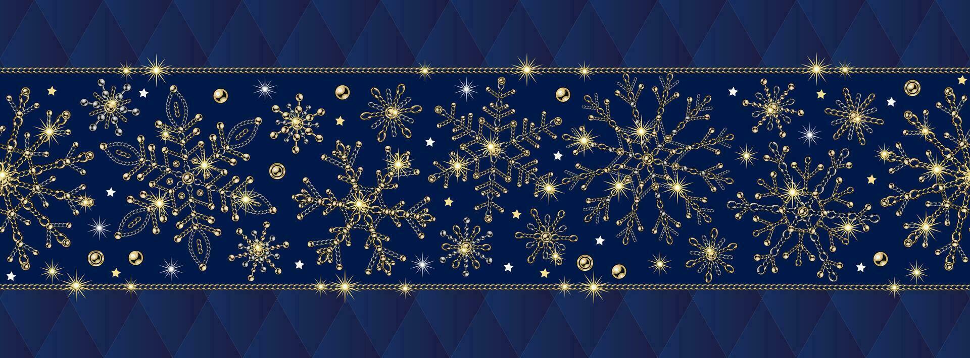 Seamless border with snowflakes made of jewelry gold and silver chains. Shiny sprakle stars on deep blue background. Festive design for Xmas and new year decoration. Blue classic rhombic grid behind vector