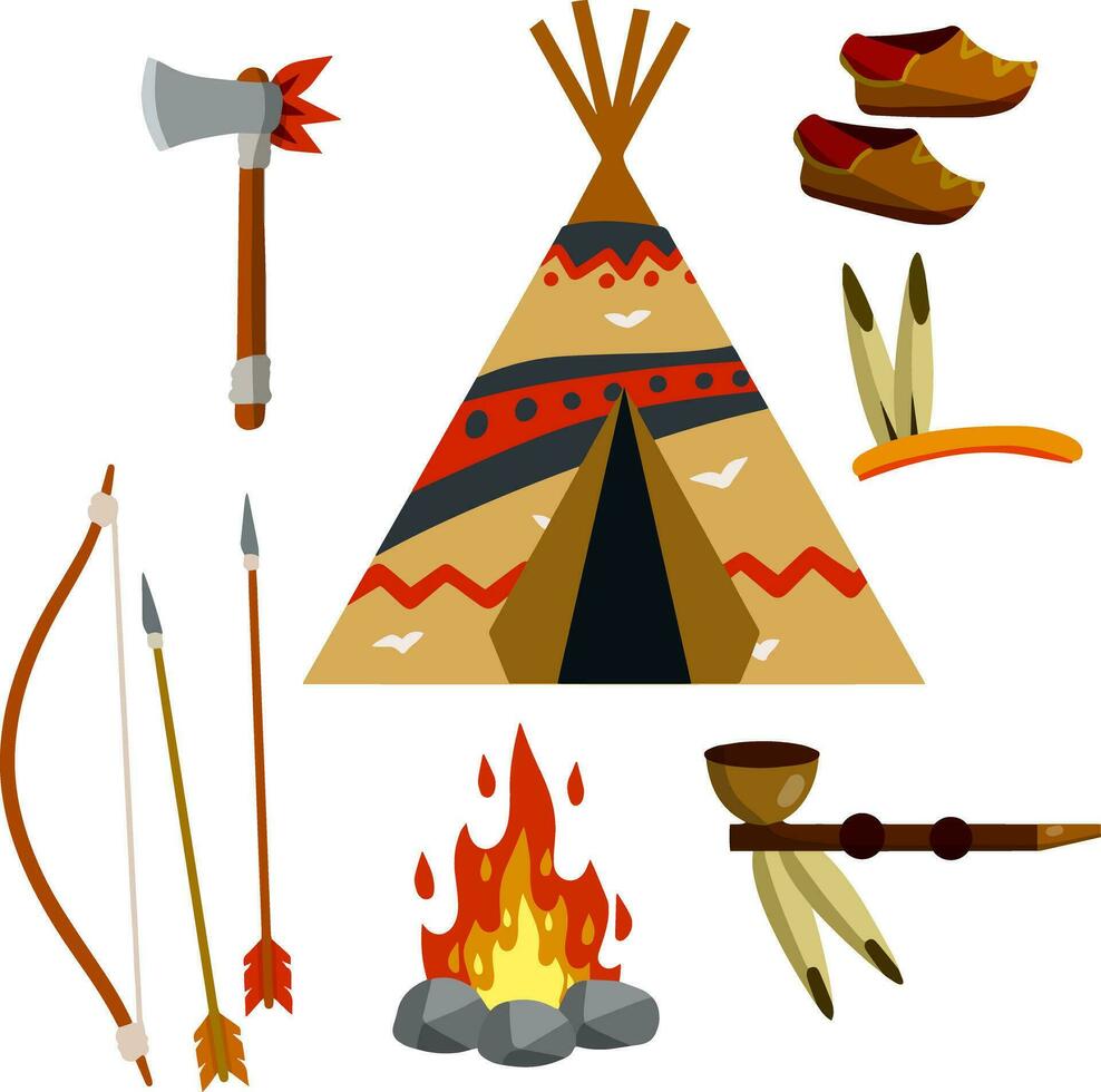 Indian wigwam. Native American house. National hut. Nature of landscape. Axe, weapon, fire and skull of animal, tube, clothes, bow and arrow. Flat cartoon vector