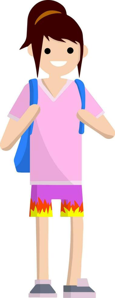 joven niña en un rosado camiseta, pantalones cortos y un mochila ondulación. mujer en verano ropa de deporte. estudiante y viajero. dibujos animados plano ilustración vector