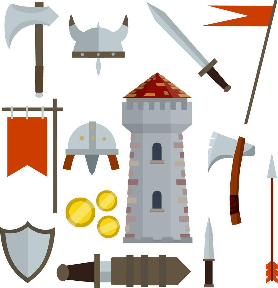 Medieval castle with tower, wall, gate, red roof. set of old weapons of knight - sword in scabbard, arrow, shield, flag, axe, dagger. European historical Armor and weapons. Cartoon flat illustration vector