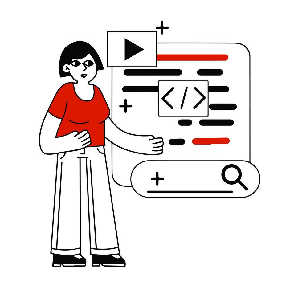 Female character web designer. Website development. Digital profession. Creating mobile app and woman programmer. Outline cartoon illustration. Coding and programming vector