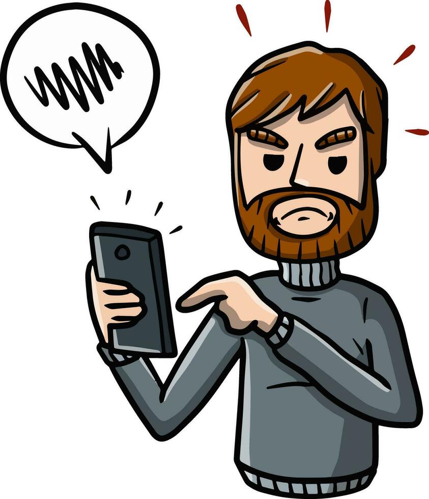 Young man with a mobile phone. Unpleasant conversation. Angry bearded guy with a modern device. Bad SMS and talking problems. Bubble for text. Cartoon hand drawn sketch illustration vector