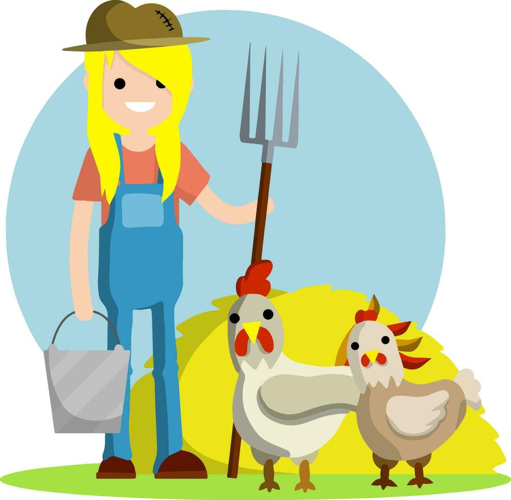 Young man in blue farmer's overalls stands with pitchfork in his hands next to yellow haystack. Farm animals chicken. Cartoon flat illustration. Type of rural profession. Bucket and country life vector