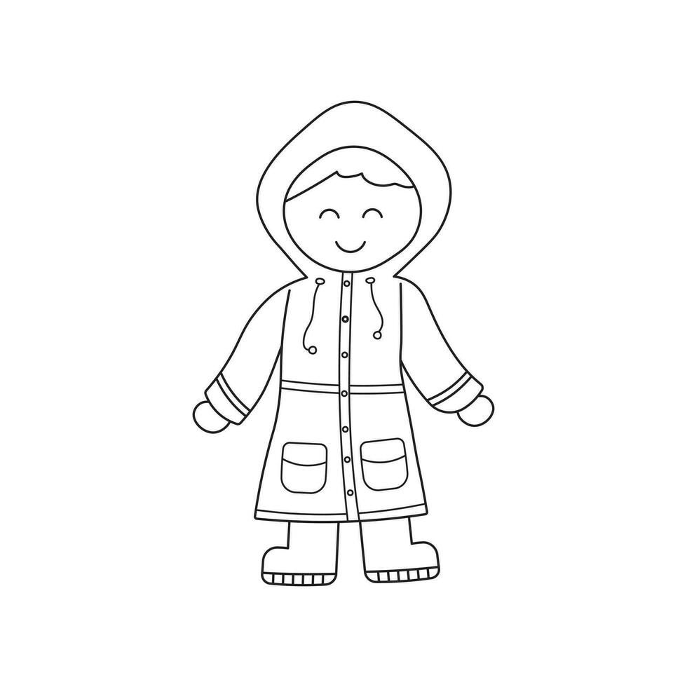 Hand drawn Kids drawing Cartoon Vector illustration cute boy wearing raincoat icon Isolated on White Background