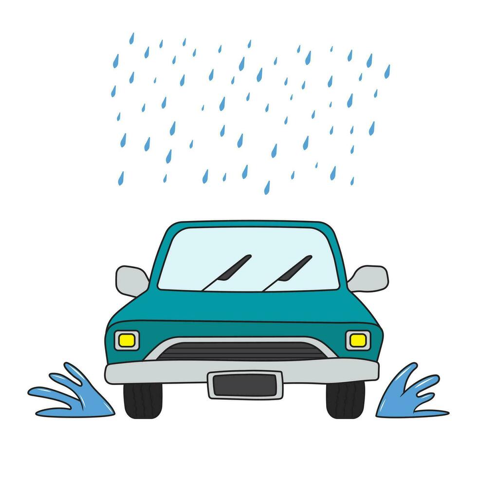 Kids drawing Cartoon Vector illustration car in the rain icon Isolated on White Background