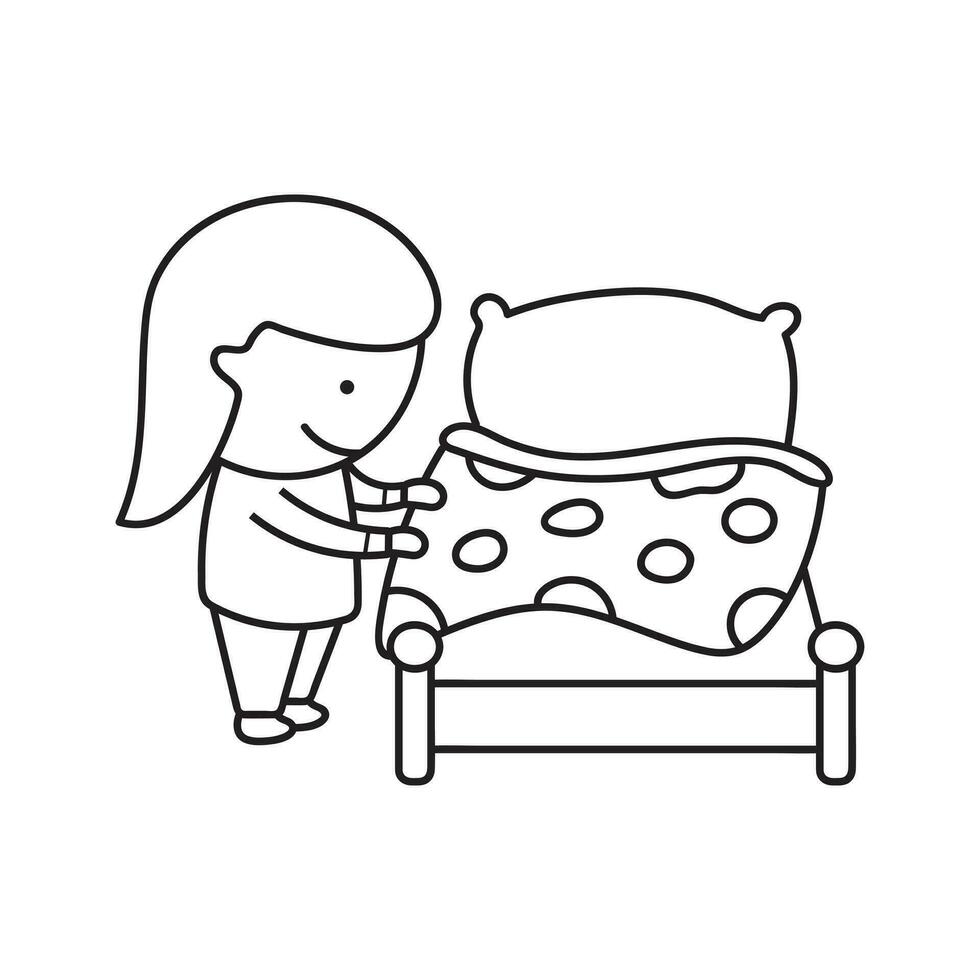 Hand drawn Kids drawing Cartoon Vector illustration cute girl making a bed icon Isolated on White Background