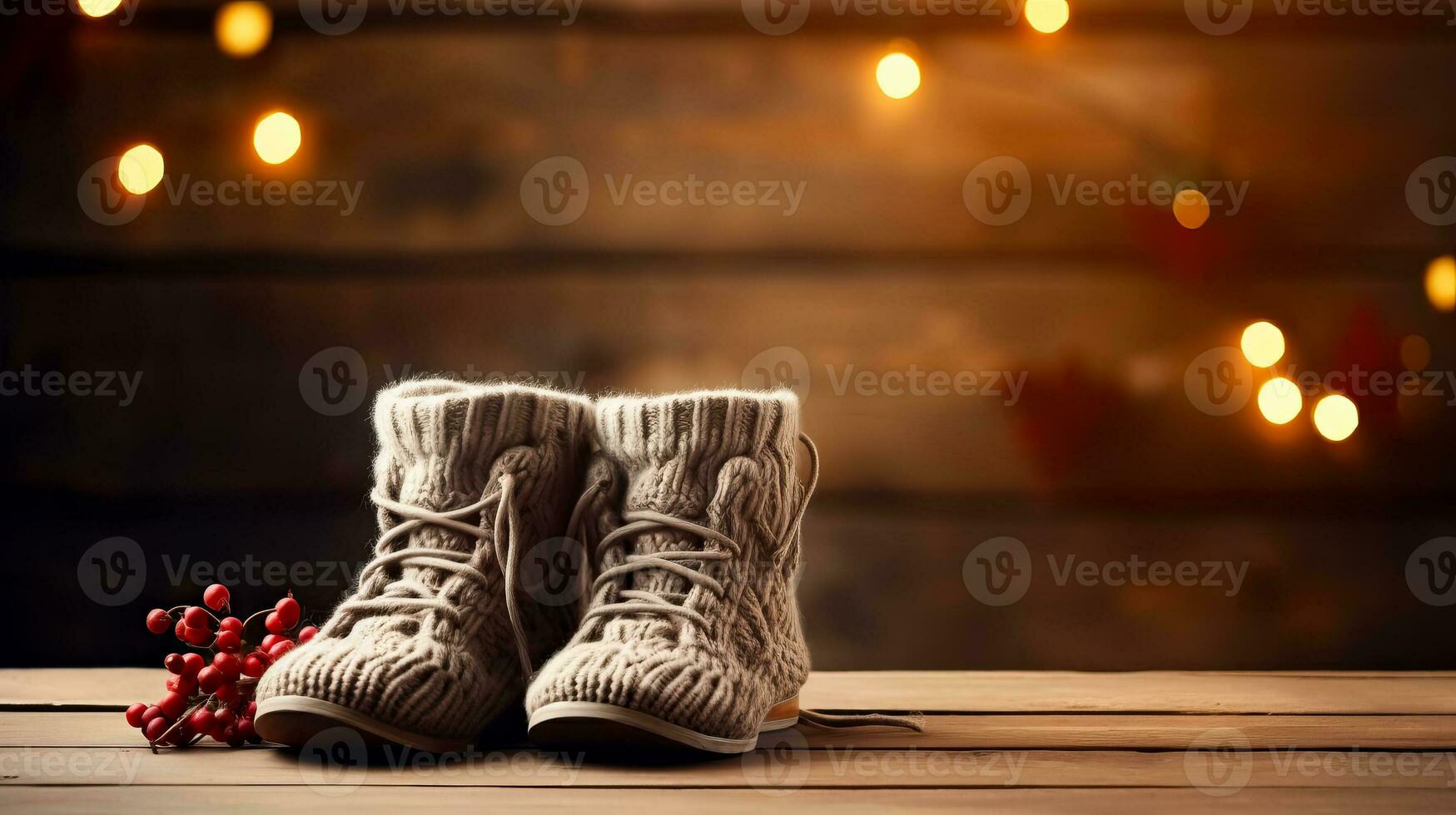 A rustic wooden table adorned with vintage knitted sweaters and cozy mugs background with empty space for text photo