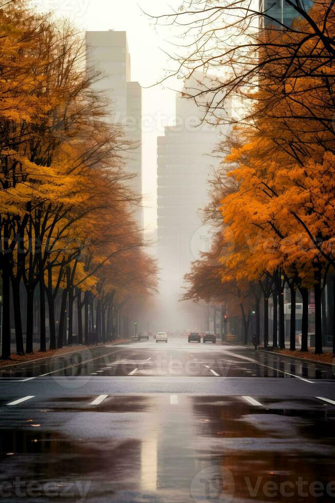 A foggy late autumn morning in the city with towering buildings and colorful trees background with empty space for text photo