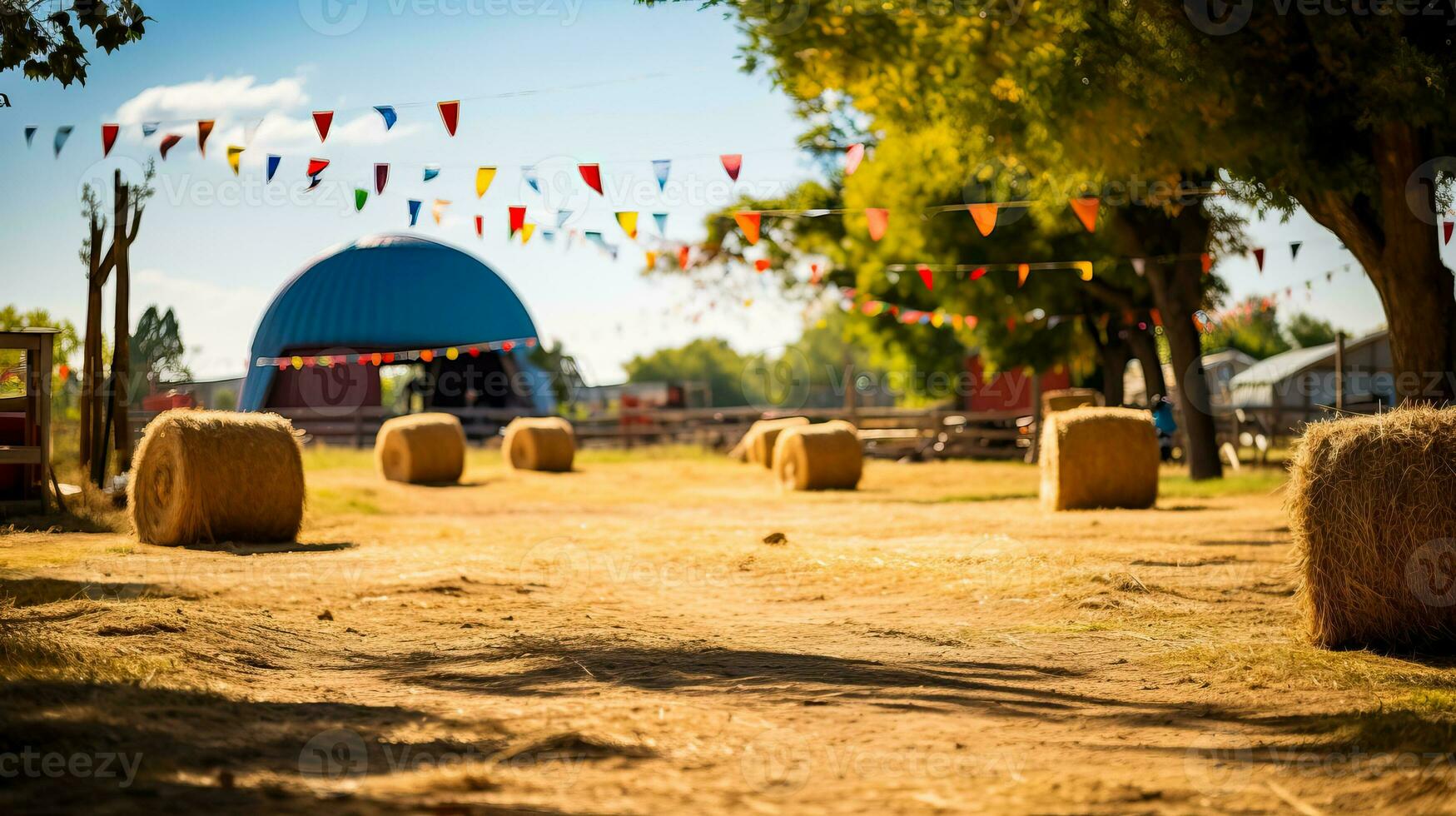 A rustic country fair with colorful tents and hay bales background with empty space for text photo