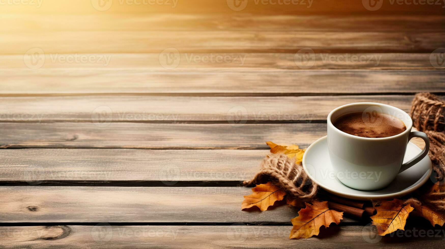 A rustic wooden table adorned with vintage knitted sweaters and mugs of steaming cocoa background with empty space for text photo