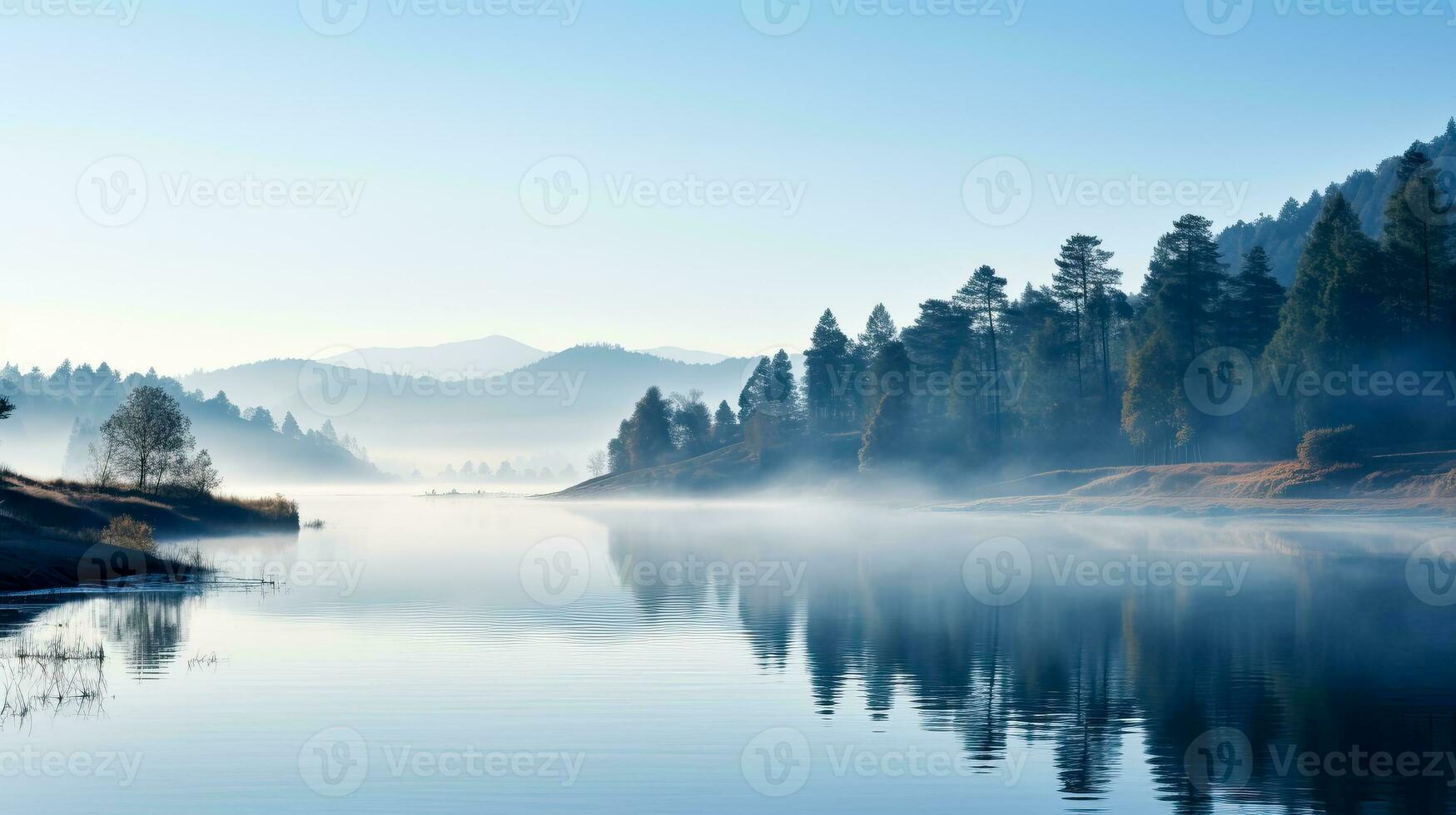 A serene misty morning landscape in November showcasing rolling hills and a calm lake background with empty space for text photo