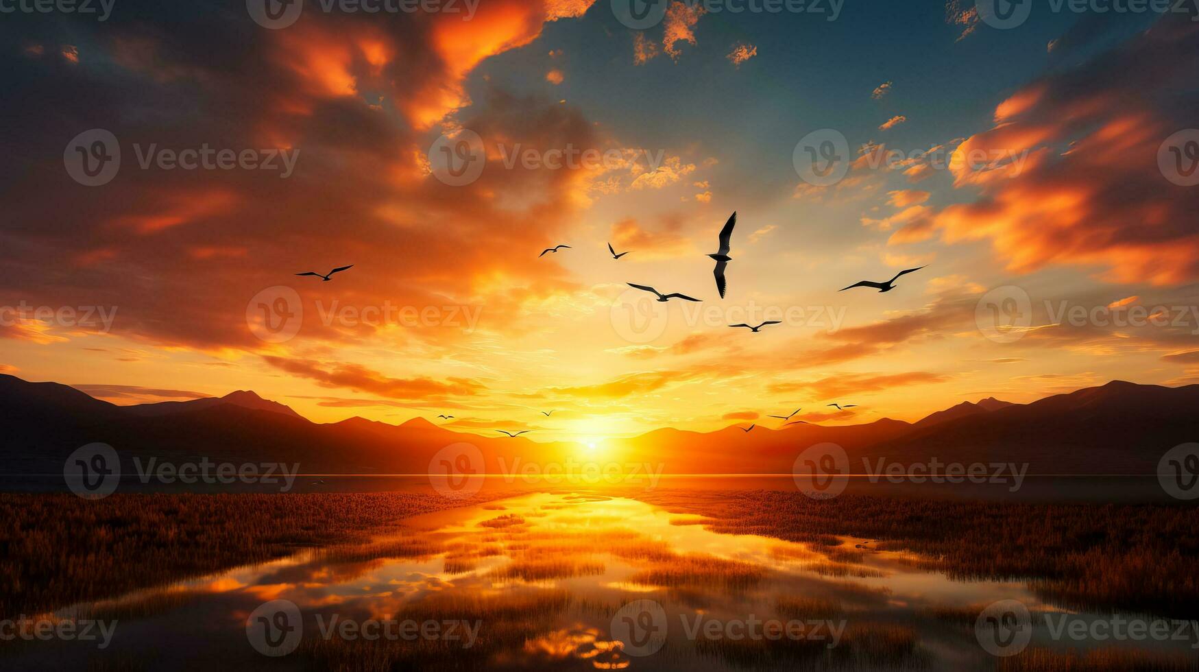 A breathtaking sunset over a vast open field with birds migrating background with empty space for text photo