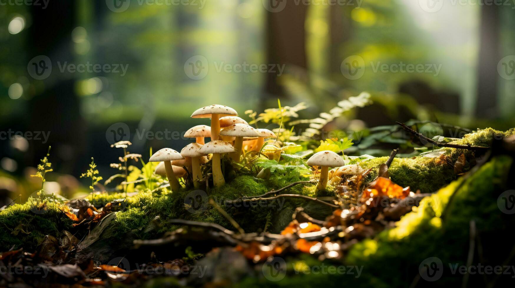 un mágico escena en el bosque con un racimo de salvaje hongos moteado luz de sol y un antecedentes con vacío espacio para texto foto