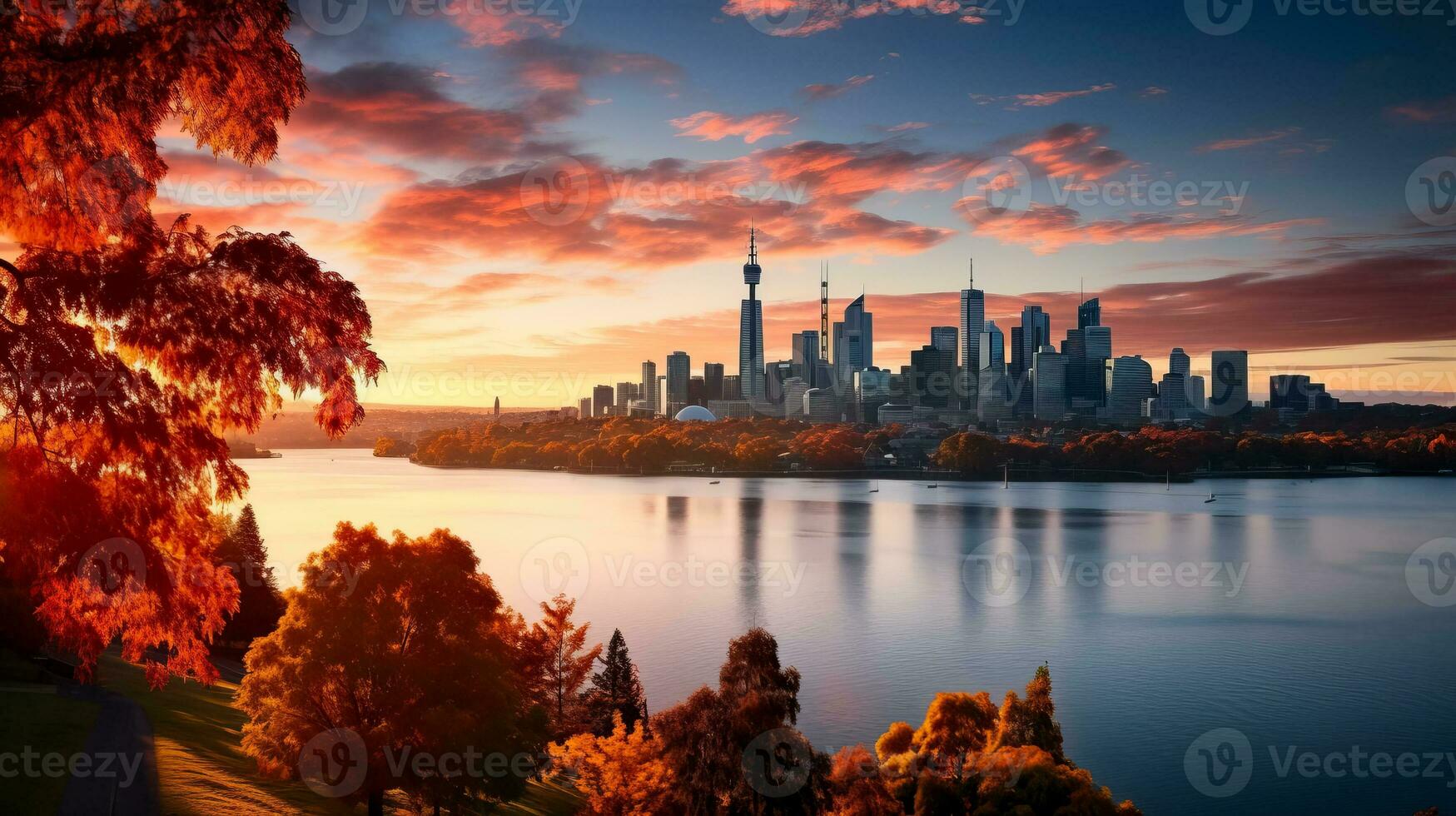 A mesmerizing late autumn cityscape where glistening skyscrapers meet fiery foliage creating a stunning contrast of urban energy and natural beauty photo