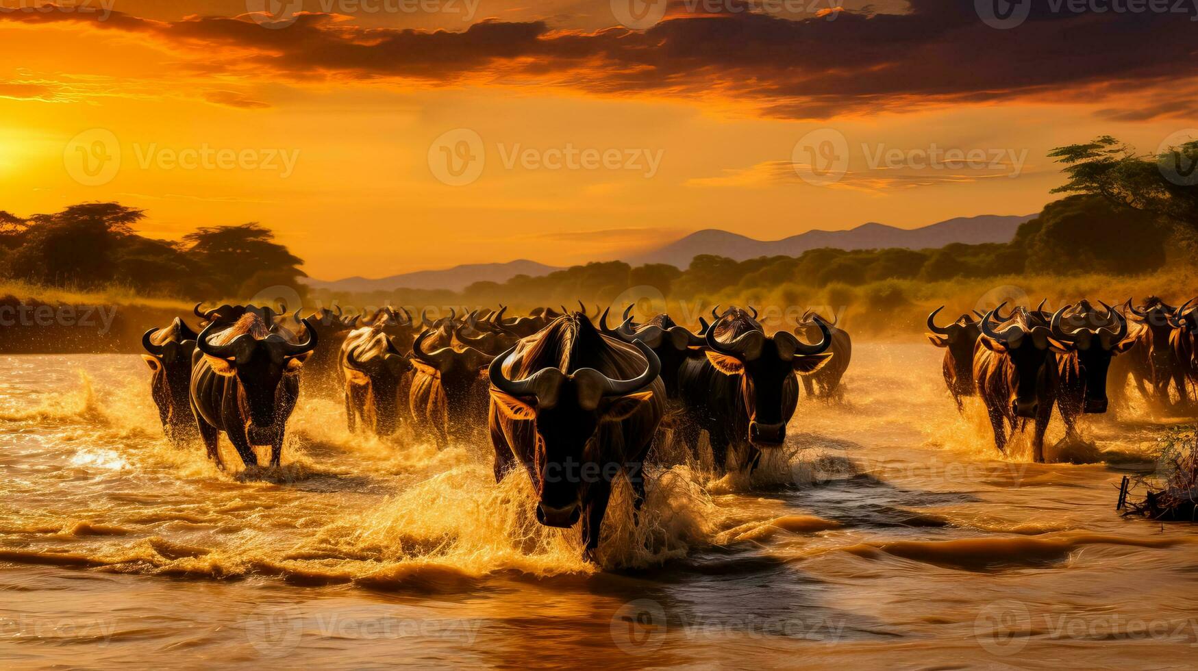 A golden-hued landscape sets the stage as a river of wildebeest majestically crosses the African plains during their annual migration photo