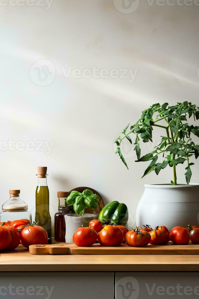 un bien organizado cocina mostrador lleno con Fresco ingredientes y Cocinando utensilios antecedentes con vacío espacio para texto foto