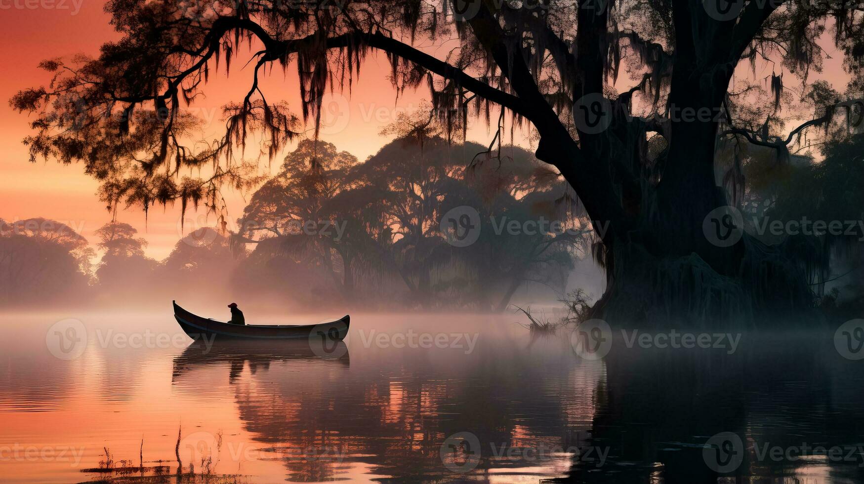 As the sun rises a mystical fog blankets the serene countryside revealing majestic trees and tranquil lakes photo