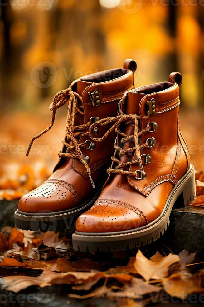 A rustic pair of ankle boots surrounded by fallen leaves capturing the essence of autumn fashion trends photo