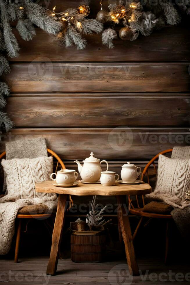A rustic wooden table adorned with vintage knitted sweaters and mugs of steaming cocoa background with empty space for text photo