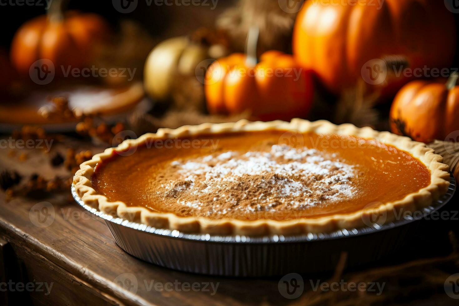 A close-up of a freshly baked pumpkin pie perfectly golden and sprinkled with cinnamon destined for a Thanksgiving feast photo