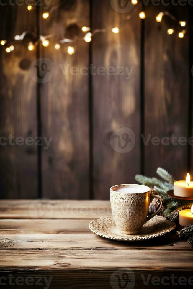 A rustic wooden table adorned with vintage knitted sweaters and mugs of steaming cocoa background with empty space for text photo